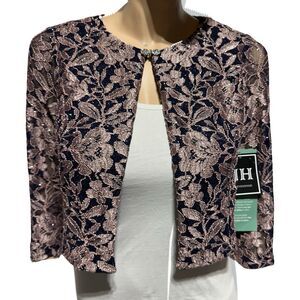 JH Evenings Jessica Howard Jacket Size 6 Navy Pink Metallic Sparkle Lace NWT
